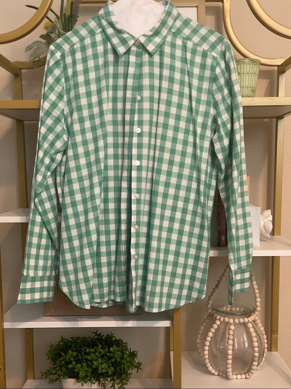 Women’s  Green and White Gingham Button-Down Shirt